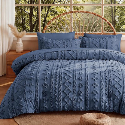 MR&HM Full Size Bed Sheets and Comforter Set Navy Blue, 7 Pieces Tufted Boho Beddding Sets, Farmhouse Style Bed in a Bag with 1 Comforter, 2 Pillow Shams, 2 Pillowcases, 1 Flat Sheet, 1 Fitted Sheet