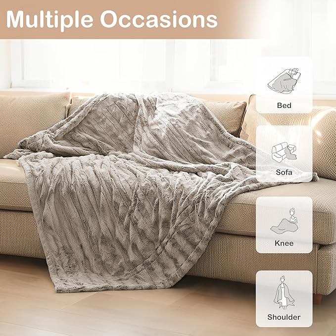 Electric Heated Blanket Throw Size 50"x60", Fast Heating Throw, Plush Faux Fur for Sofa & Office,4 Heating Levels & 10 Hours Auto Off, Machine Washable, Gifts for Family-Light Brown