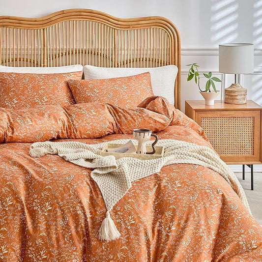 mixinni Caramel Comforter Set Queen-Exquisite Floral Queen Size Comforter Set for All Seasons, 3 Pieces, 1 Wildflower Plants Comforter (90"x90") and 2 Pillow Cases (20"x26"), Caramel