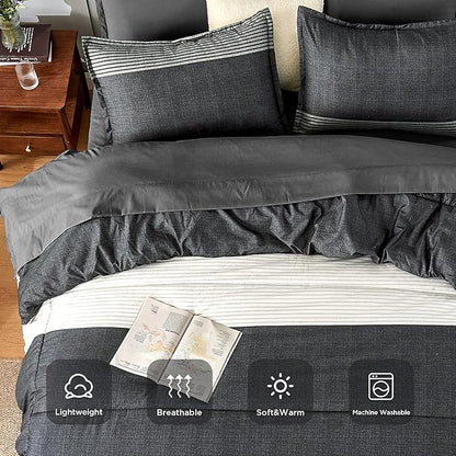 Andency Comforter Set Black White Grey Oversized King(120"x120")- 7 Pieces Striped Lightweight Bed in a Bag, Soft Reversible Bedding Set with Comforter, Fitted & Flat Sheet, Pillowcases & Shams