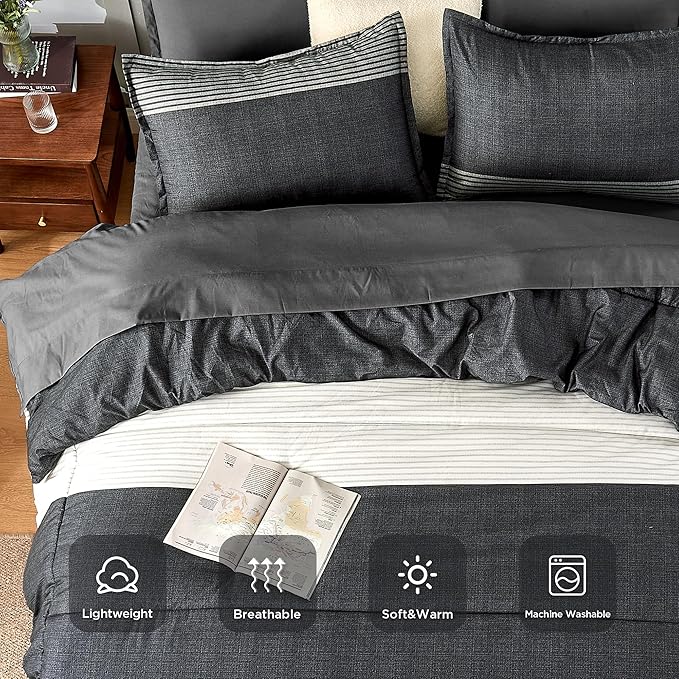 Andency California King Size Comforter Set 7 Pieces - Black White Striped Bed in a Bag, Soft Microfiber Patchwork All Season Bedding Set with Comforter, Fitted & Flat Sheet, Pillowcases & Shams
