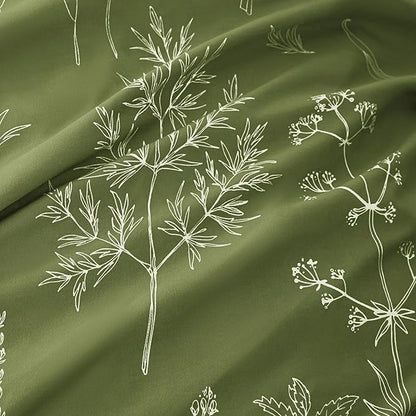 Love's cabin Olive Green Queen Comforter Set - Queen Size Comforter Set, 3 Pieces Cute Floral Bedding Sets for All Seasons,1 Soft Reversible Botanical Flowers Comforter and 2 Pillow Shams
