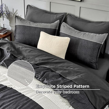Andency Comforter Set Black White Grey Oversized King(120"x98")- 7 Pieces Striped Lightweight Bed in a Bag, Soft Reversible Bedding Set with Comforter, Fitted & Flat Sheet, Pillowcases & Shams