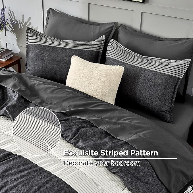 Andency Comforter Set Black White Grey Oversized Queen(98"x98")- 7 Pieces Striped Lightweight Bed in a Bag, Soft Reversible Bedding Set with Comforter, Fitted & Flat Sheet, Pillowcases & Shams