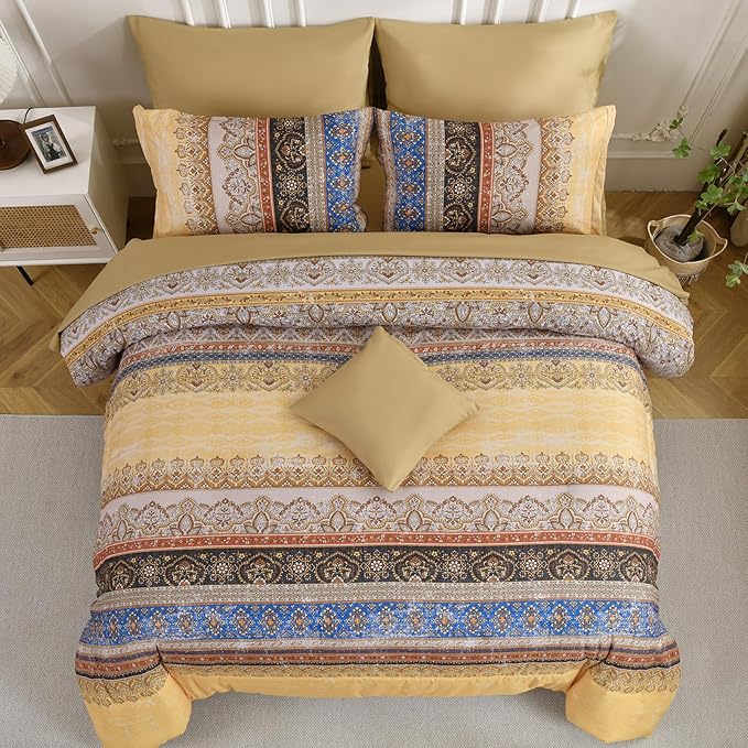 Cottolester Boho King Size Comforter Set 8 Pieces, Yellow Bohemian Striped Bed in a Bag, Paisley Soft Microfiber Bedding Comforter Set