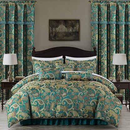 Chezmoi Collection Adelle 7-Piece Paisley Jacquard Embroidered Comforter Bedding Set, King, Teal