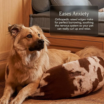 UnHide Floof Pet Bed - Medium (28" x 10") - Extra Soft Dog Bed - Removable Faux Fur Cover - Machine Washable - Helps Ease Pet Anxiety & Provides The Perfect Sleep - Cowhide