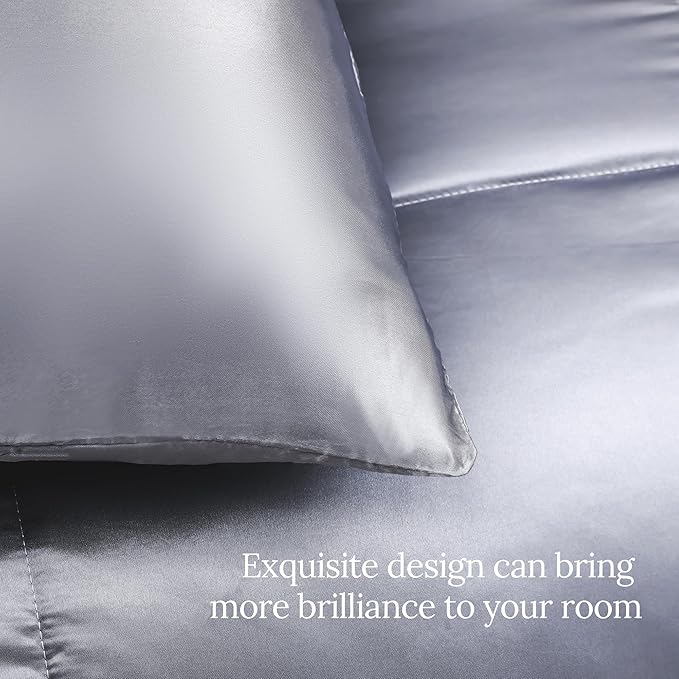 Whale Flotilla 3-Piece Reversible Silky Soft Queen Comforter Bedding Set, Luxurious Satin Comforters Full Size with 2 Satin Pillowcases, Lightweight Duvet for All Seasons, Grey