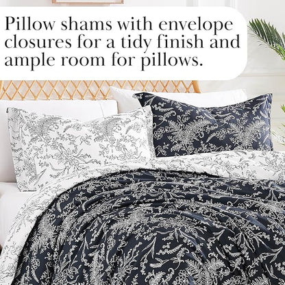 Southshore Fine Living, Inc. Comforter Set Queen Size, Hotel Quality Bedding, Floral Bed Spread with Matching Shams, Reversible Print is 2 Colors in 1, Fits Queen & Full Beds, Winter Brush Black/White