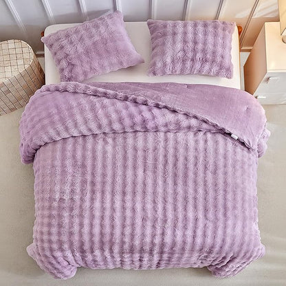 Tokokimo Faux Fur Comforter Set Queen Size, Ultra Soft Reversible Heavyweight Fluffy Queen Size Bedding, Extra Warm Winter Comforter with 2 Pillow Cases, All Season Fuzzy Comforter Set, Purple