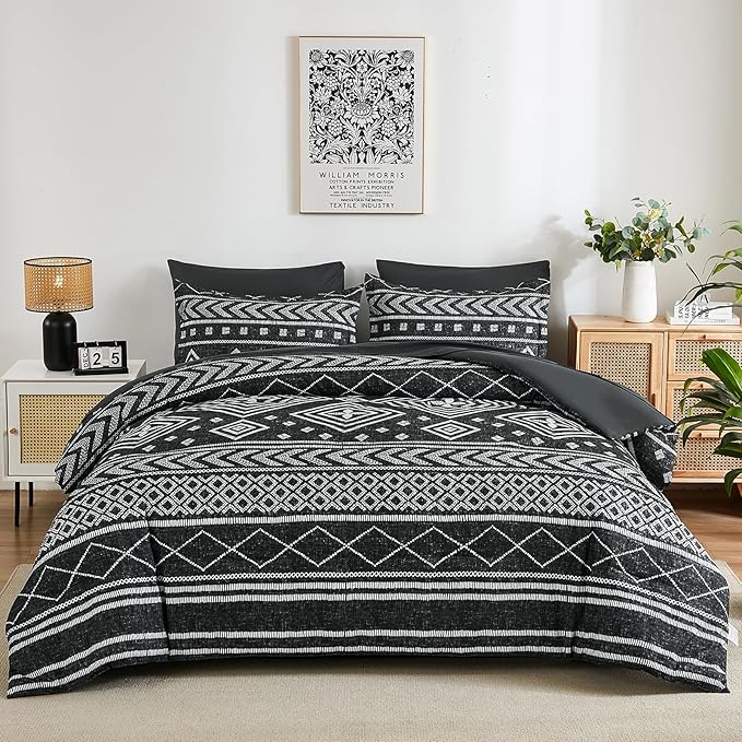 Yiran Boho Twin Comforter Set with Sheets, 6 Piece Black Comforter Bedding Set, Aztec Bed in a Bag, Soft Microfiber Bohemian Striped Complete Bedding Set with Sheets for All Season