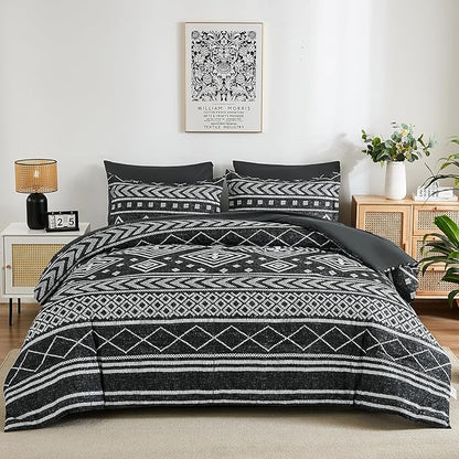 Yiran Boho Twin Comforter Set with Sheets, 6 Piece Black Comforter Bedding Set, Aztec Bed in a Bag, Soft Microfiber Bohemian Striped Complete Bedding Set with Sheets for All Season