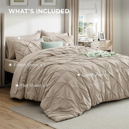Bedsure Queen Comforter Set Beige - Bed in a Bag Queen Size Bedding 7 Pieces, GentleSoft™ Pintuck Bed Set Gift for Family, Pinch Pleat All Season Comforter with Sheets, Pillowcases & Shams