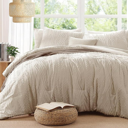 Queen Comforter Set Beige, Tufted Boho Bedding Farmhouse Bed Set, All Season 7 Pieces Bed in a Bag with Sheets, Pillowcases & Shams