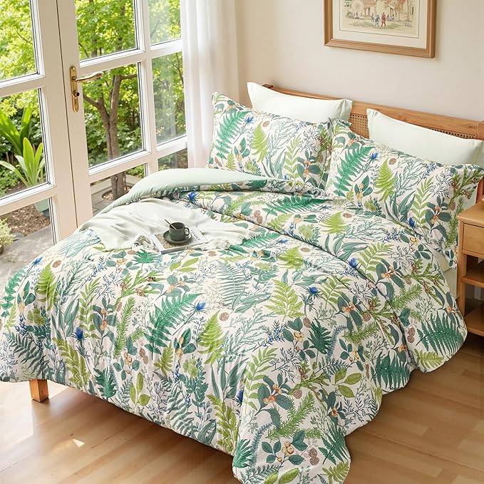 King Comforter Set - 3 Pieces Botanical Bedding Comforter Set, 1 Soft White Green Plant Flowers Comforter (104"x90") and 2 Pillow Shams(20"x36") Ultra-Soft Comfort Suitable for All Seasons