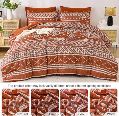Yiran Burnt Orange King Comforter Set, 7 Piece Terracotta Boho Bedding Set, Geometric Bed in a Bag King, Soft Microfiber Bohemian Striped Complete Bedding Set with Sheets for All Season