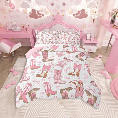 Feelyou Pink Western Bedding Set Cowgirl Cowboy Boots Comforter Set for Kids Boys Girls Teens Room Decor Cute Bowknot Dreamy Princess Style Comforter Queen Size Girly Duvet Set 3Pcs
