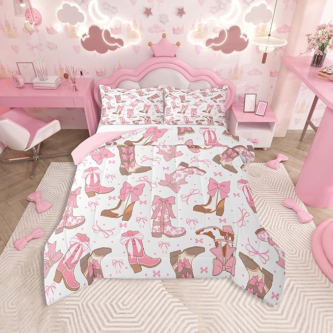 Feelyou Pink Western Bedding Set Cowgirl Cowboy Boots Comforter Set for Kids Boys Girls Teens Room Decor Cute Bowknot Dreamy Princess Style Comforter Full Size Girly Duvet Set 3Pcs