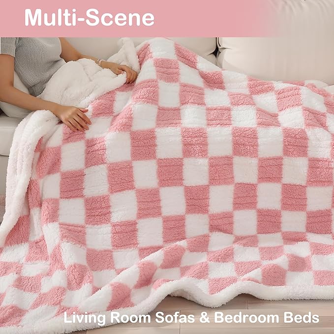 Electric Heated Blanket Full Size 72"×84" with 9 Heating Levels & 1-10Hs Auto Off, Checkered Plaid Double Sided Sherpa, Energy Efficient, Machine Washable, for Couch & Bed, Light Pink