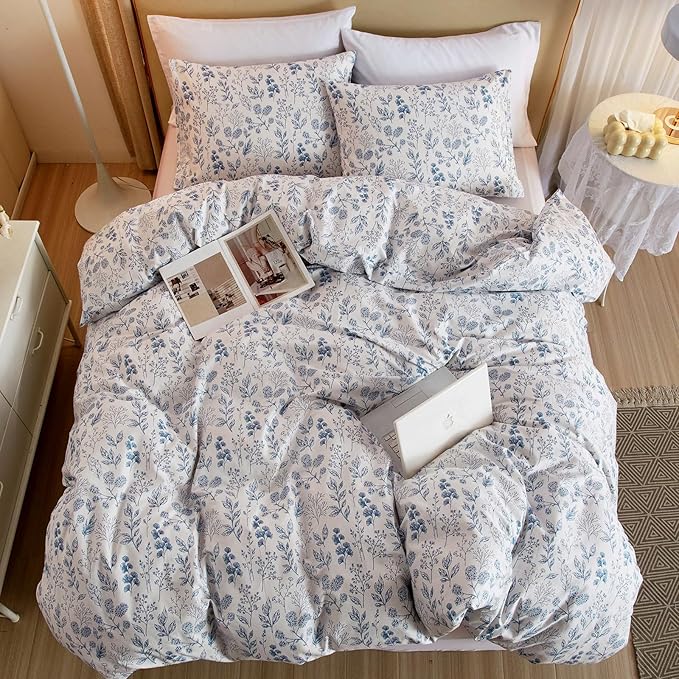 mixinni Blue Floral Comforter Set Twin/Twin XL Size, Boho Botanical Flowers Cute Bedding Comforter Sets for Women, 1 Soft Fluffy Garden Style Comforter and 2 Pillowcases for All Seasons
