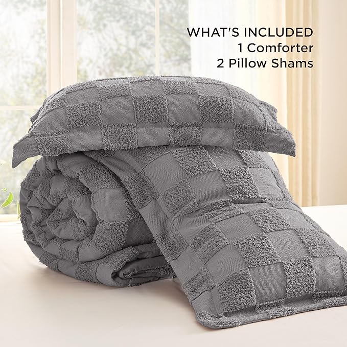 Bedsure Queen Size Comforter Set Grey, Boho Tufted Bed Set, Checkered Farmhouse Shabby Chic Bedding, 3 Pieces, 1 Plaid Geometric Comforter and 2 Pillow Shams