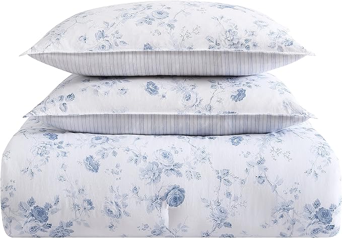 Laura Ashley - Twin XL Comforter Set, Soft & Reversible Cotton Bedding for Year Round Use, 2 Piece Bed Set with Matching Pillowcase (Belinda Blue)