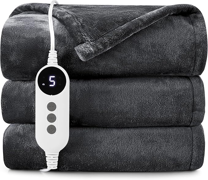 HYLEORY Heated Electric Blanket Throw, 2-Layer Cozy Warm Flannel 50" x 60", Heating Blanket with 9 Heating Levels, 2/4/6/10 Hours Auto Off, Fast Heating Winter Blanket, Dark Grey