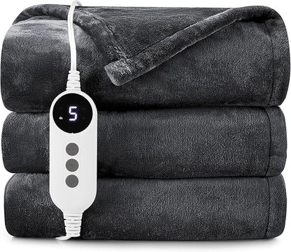 HYLEORY Heated Electric Blanket Throw, 2-Layer Cozy Warm Flannel 50" x 60", Heating Blanket with 9 Heating Levels, 2/4/6/10 Hours Auto Off, Fast Heating Winter Blanket, Dark Grey
