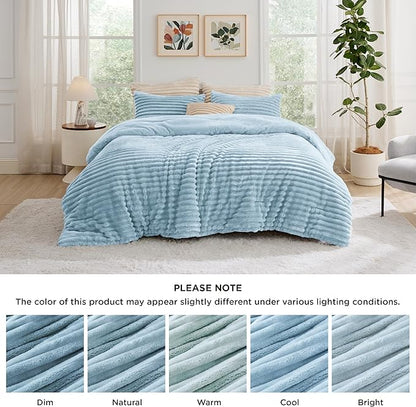 Bedsure King Size Comforter Set - GentleSoft™ 3 Pieces Fluffy Double-Side Fleece Comforter Set, Cozy Striped Room Decor Aesthetic, Luxury Light Blue King Bedding with 2 Pillowcases, 104x90 Inches