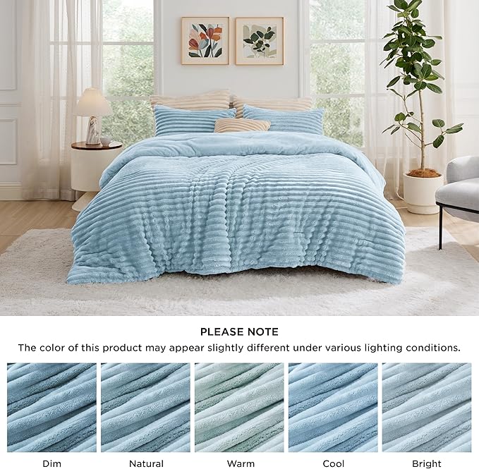 Bedsure Queen Comforter Set - GentleSoft™ 3 Pieces Fluffy Double-Side Fleece Comforter Set, Cozy Striped Room Decor Aesthetic, Luxury Light Blue Bedding Queen Size with 2 Pillowcases, 90x90 Inches