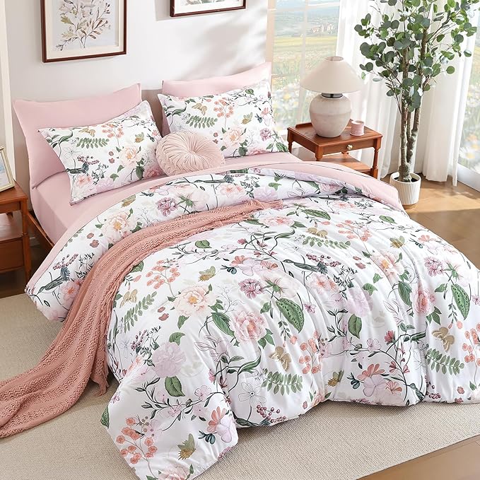 Anibedding 7Pieces Floral King Size Comforter Set, Garden Plant Style Bed in a Bag Pink Flower Bedding Comforter Set with Pillow Case for Bedroom