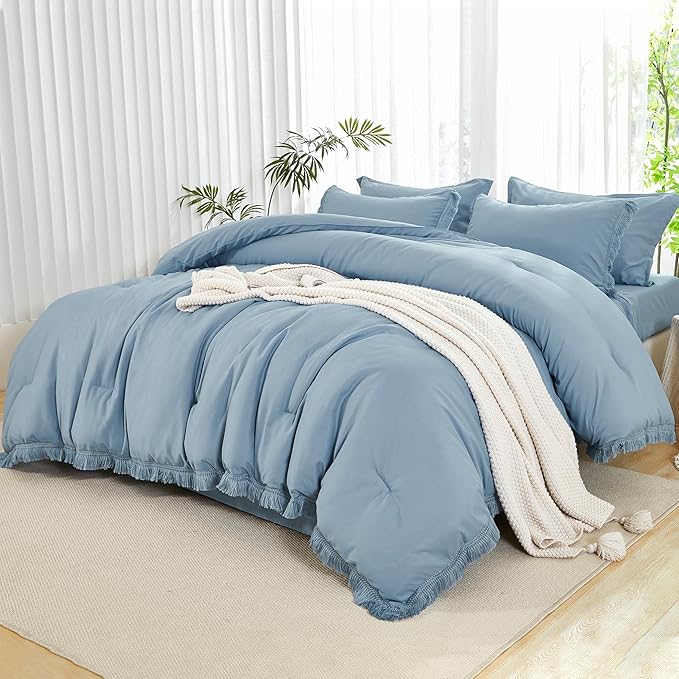 Andency Queen Comforter Set with Sheets Grayish Blue -7 Pieces Boho Tassel Bed in a Bag Soft Lightweight Bedding Sets, All Season Fringe Bed Set with Comforter, Sheets, Pillowcases & Shams