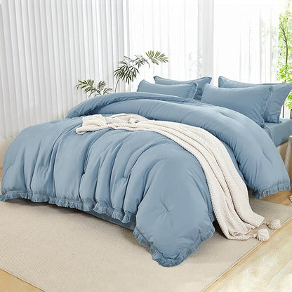 Andency Queen Comforter Set with Sheets Grayish Blue -7 Pieces Boho Tassel Bed in a Bag Soft Lightweight Bedding Sets, All Season Fringe Bed Set with Comforter, Sheets, Pillowcases & Shams