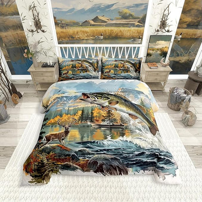 Erosebridal Bass Fishing King Comforter Set,Hunting Deer Bedding Sets for Kids Boys Men,Big Pike Fish Quilt Bed Set,Rustic Mountain Lake House Bedroom Decor,2 Pillowcases Lightweight