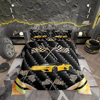 jejeloiu Yellow Race Car Bedding Set King Size Extreme Sports Comforter Set for Kids Teens Adult Fast and Furious Duvet Set Dazzling Flag Quilt Set 3Pcs