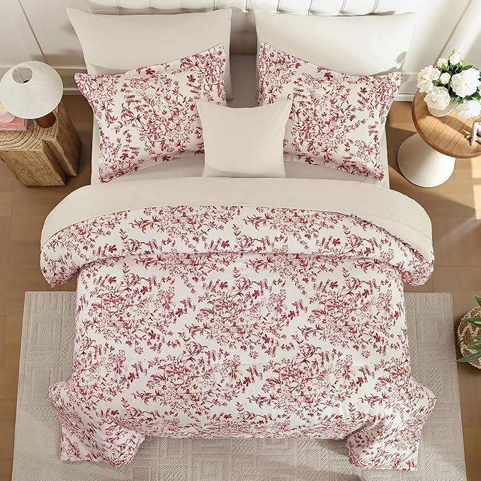 WONGS BEDDING Floral King Size Comforter Set, 8 Pieces Christmas Red Flower Botanical Comforter for All Seasons, Bed in a Bag Elegant Plants Bedding Sets (90"x104")