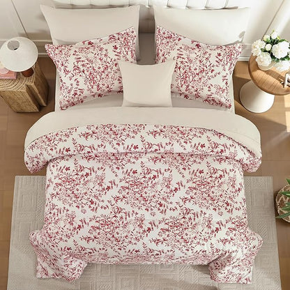 WONGS BEDDING Floral King Size Comforter Set, 8 Pieces Christmas Red Flower Botanical Comforter for All Seasons, Bed in a Bag Elegant Plants Bedding Sets (90"x104")