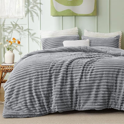 Bedsure California King Comforter - GentleSoft™ 3 Pieces Double-Side Fleece Comforter Set, Cozy Striped Room Decor Aesthetic, Luxury Grey Cal King Bedding with 2 Pillowcases, 104x96 Inches