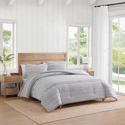 Tommy Hilfiger - King Comforter Set, Cotton Textured Bedding with Matching Shams, Medium Weight Bed Set, Oeko-TEX Certified (Danbury Stripe Blue)