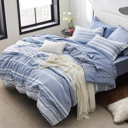 Bedsure Full Comforter Set 7 Pieces, Blue Striped Bedding Set for All Seasons, Reversible, Cationic Dyeing Bed in a Bag with Comforter, Sheets, Pillowcases & Shams