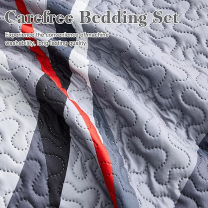 weesire Classic Line Pattern Bedding Quilt King Size Modern Grey Red and Black Stripe Quilt with 2 Shams, Gray and Red Comforter Sets Lightweight Breathable Bedspreads Coverlet, 96''x106''