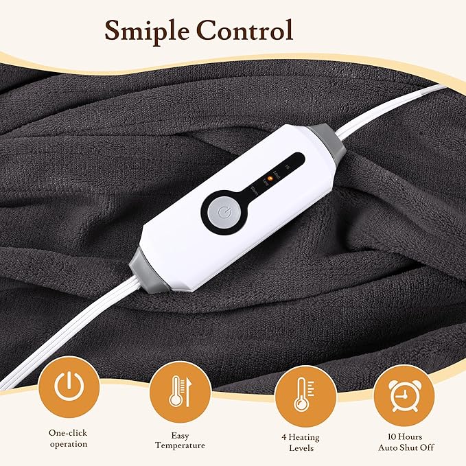 Electric Heated Blanket 62"x84" Twin Size Flannel Fleece - 4 Heat Settings & 10H Auto Shut Off for Safe Overnight Use, Fast Heating, Machine Washable for Bed, Couch, Office - Dark Grey