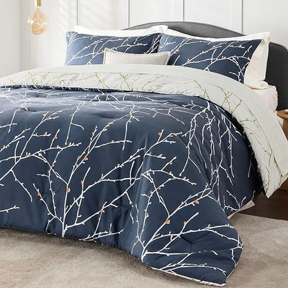 Bedsure Twin Comforter Set - 5 Pieces Floral Navy Blue Bed Set, Tree Branch Pattern Printed Bed in a Bag Twin with Comforter, Sheets, Pillowcase & Sham