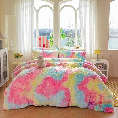 chovy Faux Fur Plush Tie-Dyed Pink Comforter Sets King - Ultra Soft Shaggy Flannel Velvet Fluffy Fuzzy 3PC Bedding Set （Comforter x 1 Pillowcases x 2）