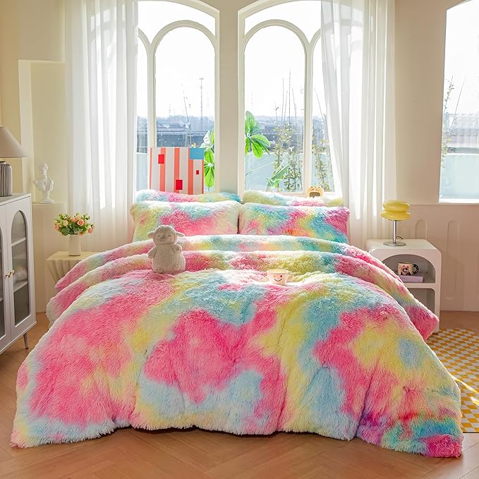 chovy Faux Fur Plush Tie-Dyed Colorful Pink Comforter Sets Full/Queen - Ultra Soft Shaggy Flannel Velvet Fluffy Fuzzy 3PC Bedding Set （Comforter x 1 Pillowcases x 2）