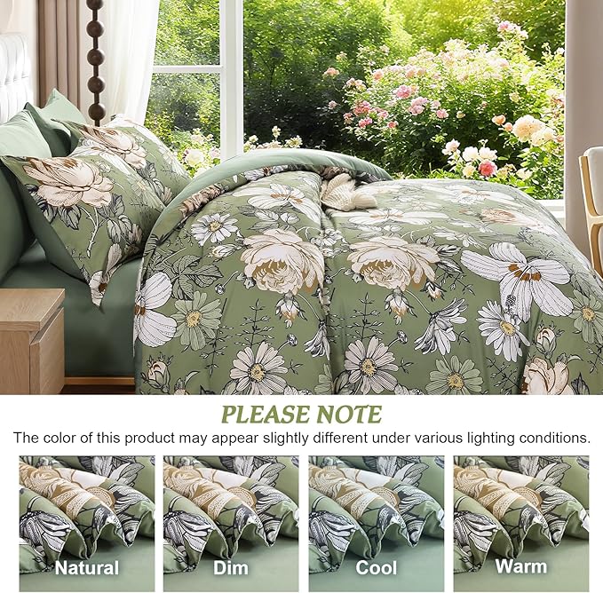 Luxudecor King Comforter Set 7 Pieces Bedding Sets,Olive Green Floral Comforter and Sheet Set,Soft Microfiber Bed in a Bag for All Seasons (Olive Green,104"x90")