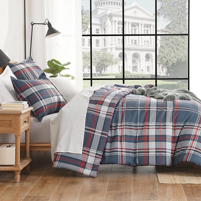 Andency Navy Red Plaid Comforter Set Twin(66x90 Inch), 2 Pieces Grid Gingham Stripes Bedding Comforter Sets for Boys Girls Kids Teens, Preppy Geometric Line Soft Lightweight Reversible Bed Set as Gift