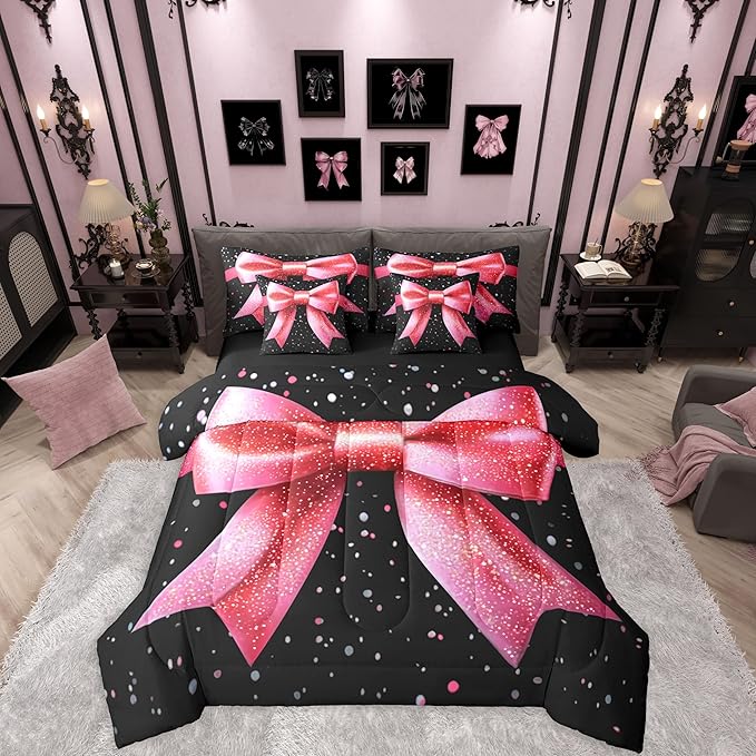 Erosebridal Bowknot 3D Black Pink Glitter Print King 7-Piece Comforter Set | Kawaii Cute Bow Sheets and Pillowcases Girly Kids Dreamy Ribbon Bed in A Bag Adults Women Bed Sets