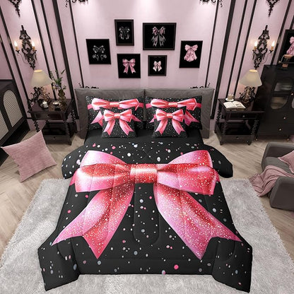Erosebridal Bowknot 3D Black Pink Glitter Print King 7-Piece Comforter Set | Kawaii Cute Bow Sheets and Pillowcases Girly Kids Dreamy Ribbon Bed in A Bag Adults Women Bed Sets