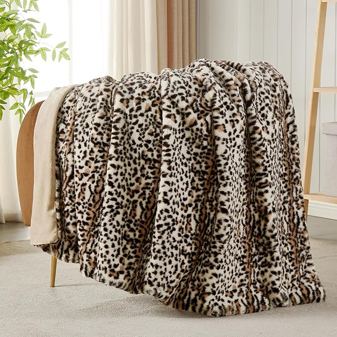 JONIYEAR Cozy Fluffy Brown Cheetah Faux Rabbit Fur Throw Blanket 50" x 60", Decorative Thick Fuzzy Leopard Lap Blankets for Women, Soft Plush Animal Print Warrm Shaggy Furry Blanket for Winter, Beige